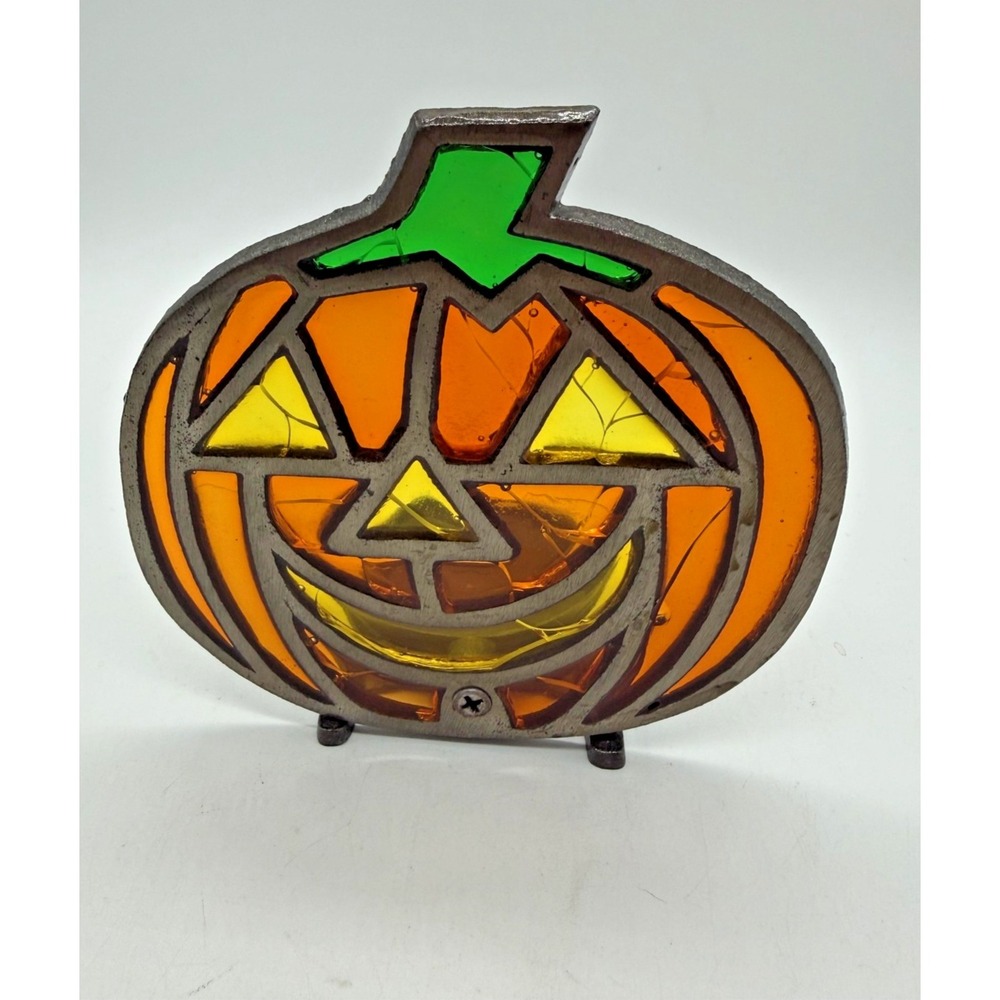 Stained Glass Jack O Lantern Candle Holder Tealight Halloween Multicolor Decor
